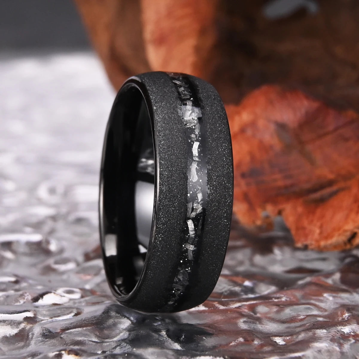 Anillo de Carburo de Tungsteno acabado de Meteorito Arenado Negro